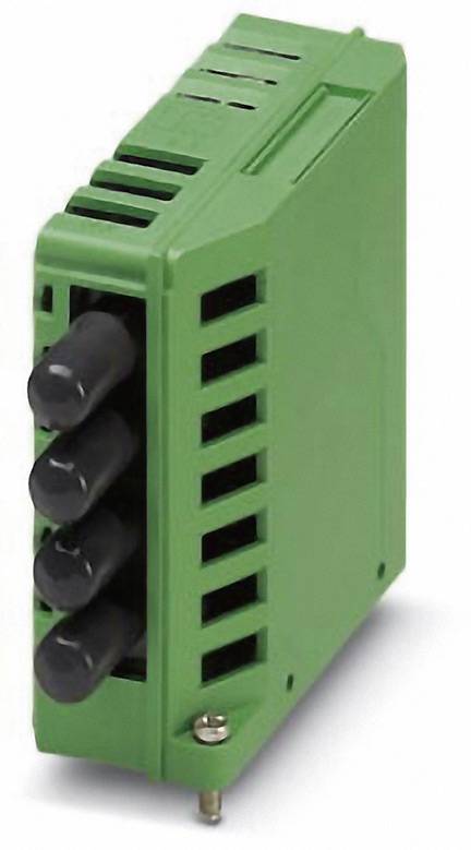 Zielony moduł elektryczny z kilkoma czarnymi złączami na górze. Jest to kompaktowa, prostokątna obudowa z otworami wentylacyjnymi.