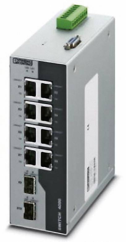 Przemysłowy switch Ethernet z ośmioma portami i wytrzymałą obudową, przeznaczony do stosowania w sieciach przemysłowych.