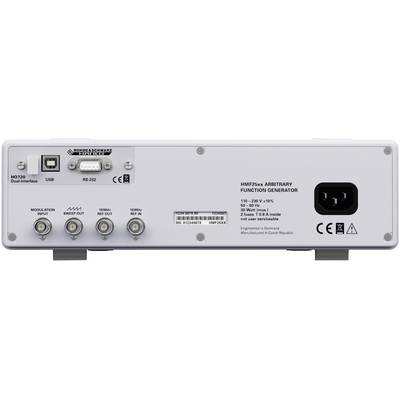 Tylna strona generatora funkcyjnego, model 'HM8125xx', z przyłączami USB, RS-232, modułów oraz zasilania sieciowego.
