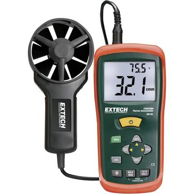 Ręczne urządzenie do pomiaru temperatury i prędkości powietrza. Wyświetla 75,5 stopni i 32,1 cm/sek. Z wyświetlaczem i przyciskami sterującymi.