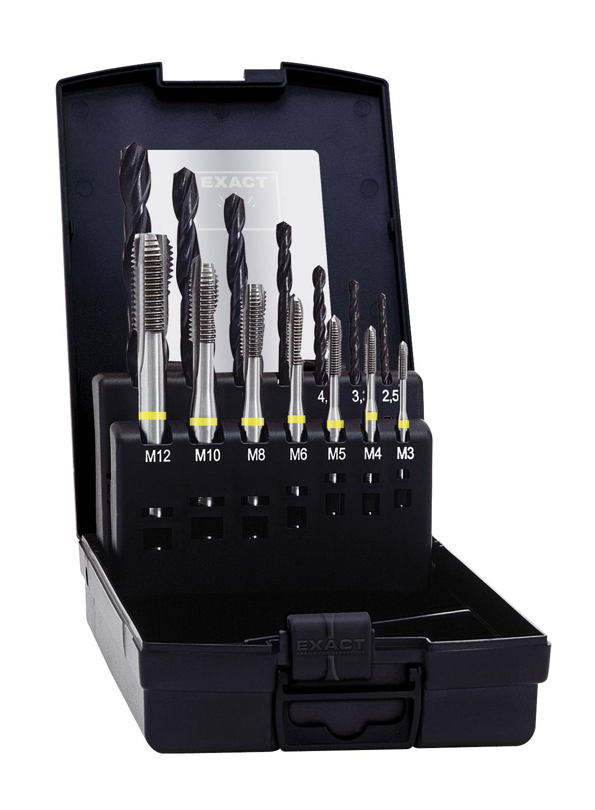 Otwarte etui z szeregiem metalowych narzędzi tnących o różnych rozmiarach, od M3 do M12, wyraźnie oznaczonych.