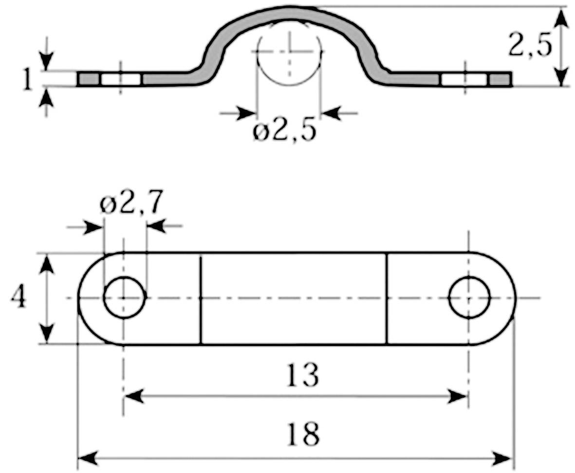 Rysunek techniczny uchwytu metalowego z wymiarami: 18 mm długości, 4 mm wysokości, średnica otworu 2,7 mm, wysokość łuku 2,5 mm.