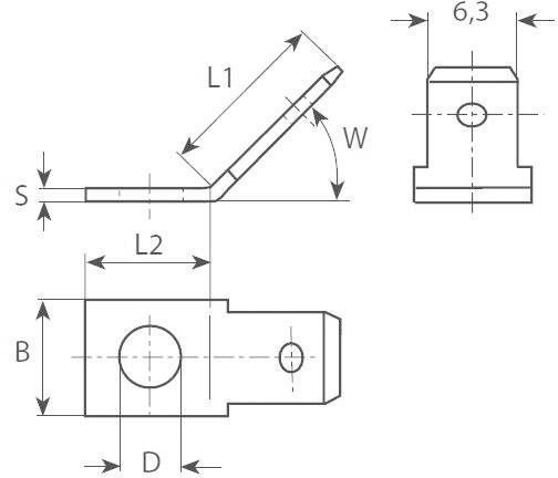 Rysunek techniczny kątownika metalowego z wymiarami: szerokość 6,3 mm, długość L1 i L2, grubość S, kąt W, średnica D. Widok z boku i z góry.