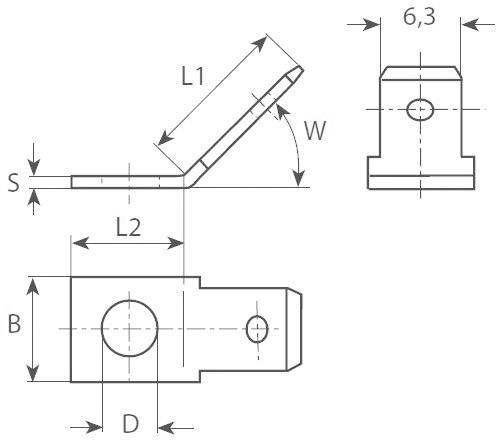 Rysunek techniczny elementu metalowego z wymiarami: L1, L2, B, D, W, S. Widok z przodu i z boku. Wymiar 6,3 w górnym prawym rogu.