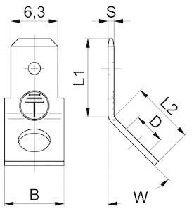 'Techniczna rysunek elektrycznego złącza wtykowego. Wymiary w milimetrach: szerokość 6,3, długość 1 L1, 2 L2, głębokość D, szerokość W, wysokość S.'