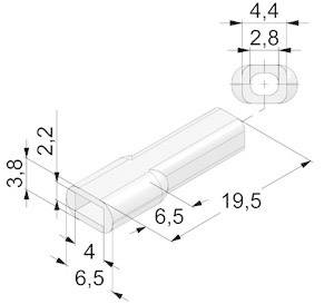 Rysunek techniczny prostokątnego złącza o następujących wymiarach: 19,5 mm długości, 6,5 mm szerokości, 3,8 mm wysokości.