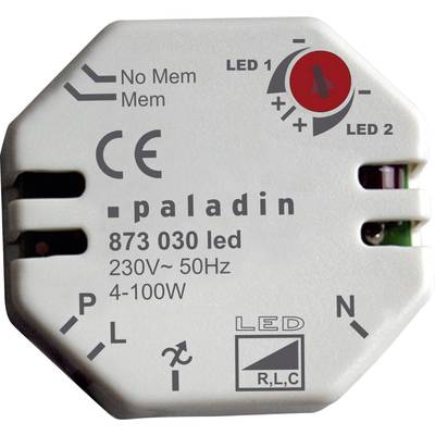 Elektroniczny ściemniacz z napisem 'paladin 873 030 led'. Wyświetla symbole i specyfikacje techniczne: 230V, 50Hz, 4-100W.
