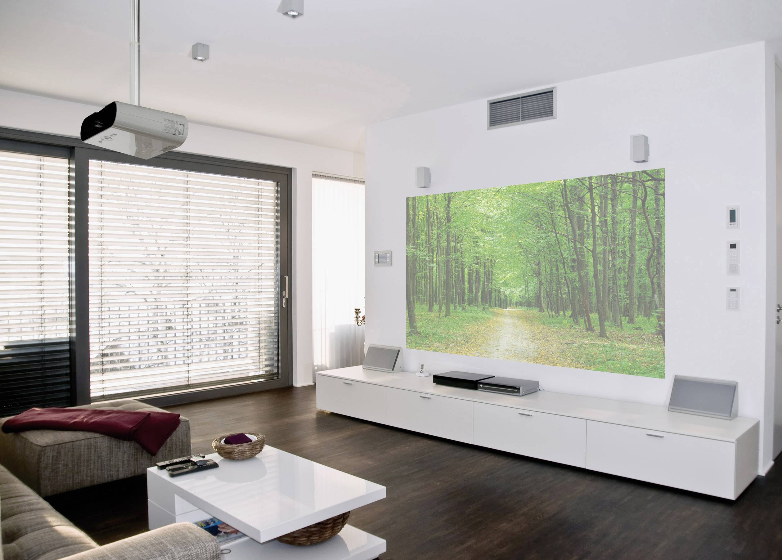 Nowoczesny salon z drewnianą podłogą, projektorem i dużym ekranem wyświetlającym leśną ścieżkę. Jasna i przestronna atmosfera.