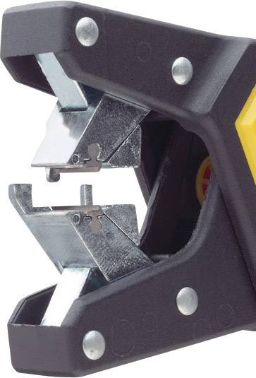 Zbliżenie narzędzia do ściągania izolacji z kabli w pozycji otwartej, ukazujące metalowe ostrza i czarną plastikową rękojeść.