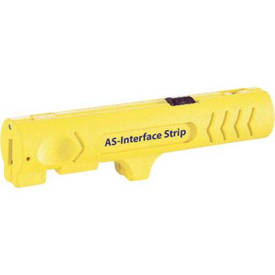 Żółte narzędzie z napisem 'AS-Interface Strip', używane do zdejmowania izolacji z przewodów.