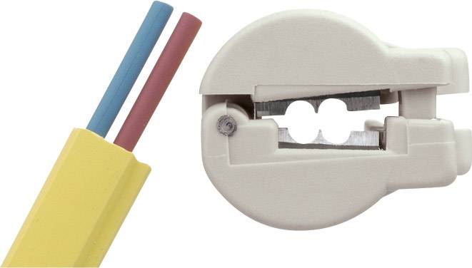 Szczypce do ściągania izolacji obok kabla z niebieskim i czerwonym przewodem.