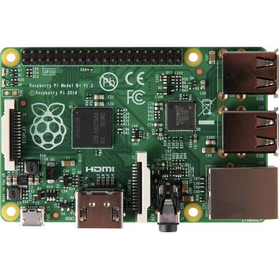 Płytka Raspberry Pi Model B z wieloma złączami i komponentami. Widok od góry przedstawia procesor, złącza USB i HDMI.