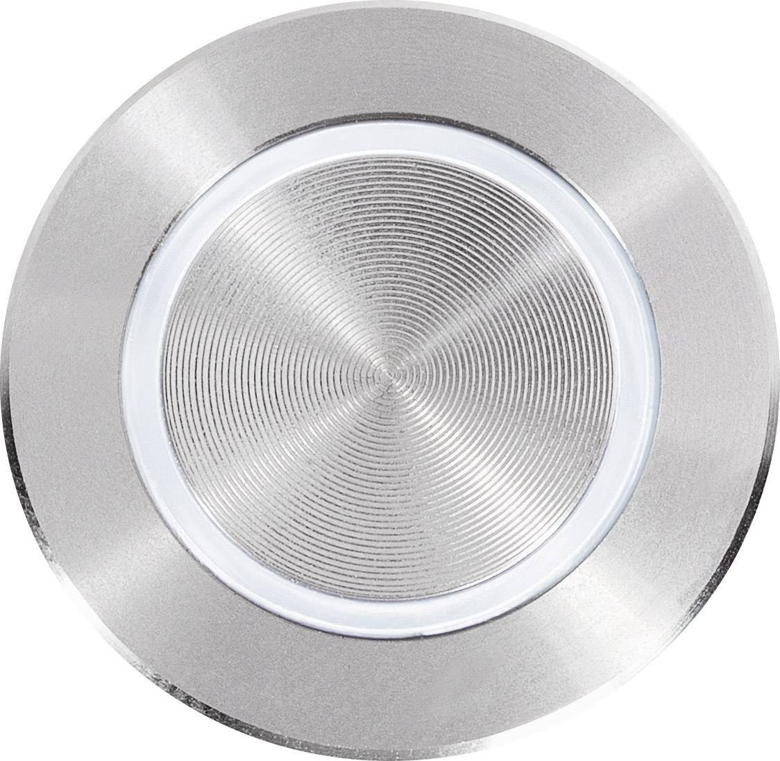 Okrągły przycisk ze stali nierdzewnej z wyprofilowanym, centralnym obszarem nacisku, otoczony gładkim, srebrnym pierścieniem.