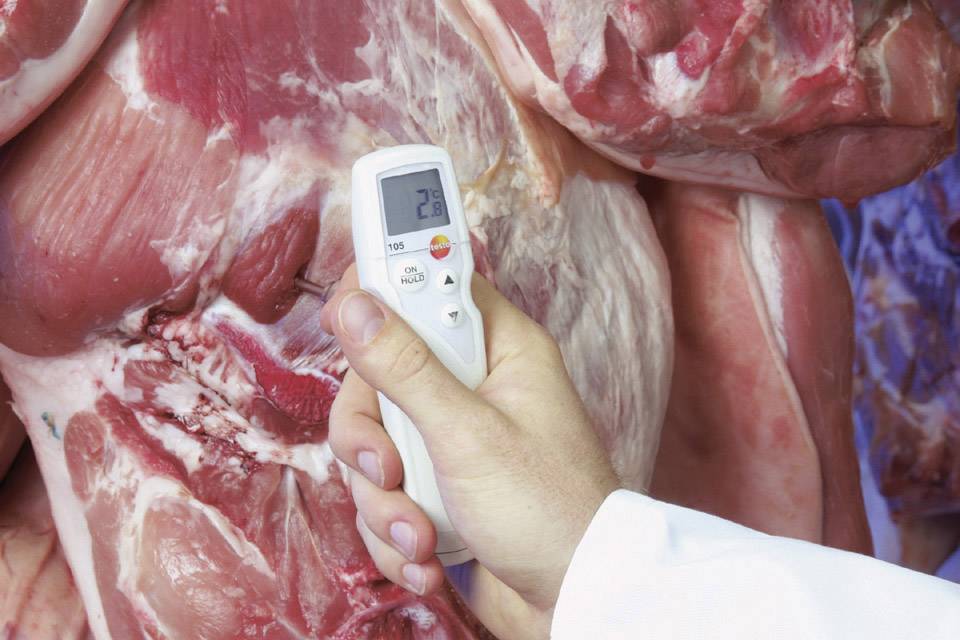 Dłoń trzyma cyfrowy termometr przy dużym kawałku surowego mięsa. Wyświetlacz wskazuje '2°C'.