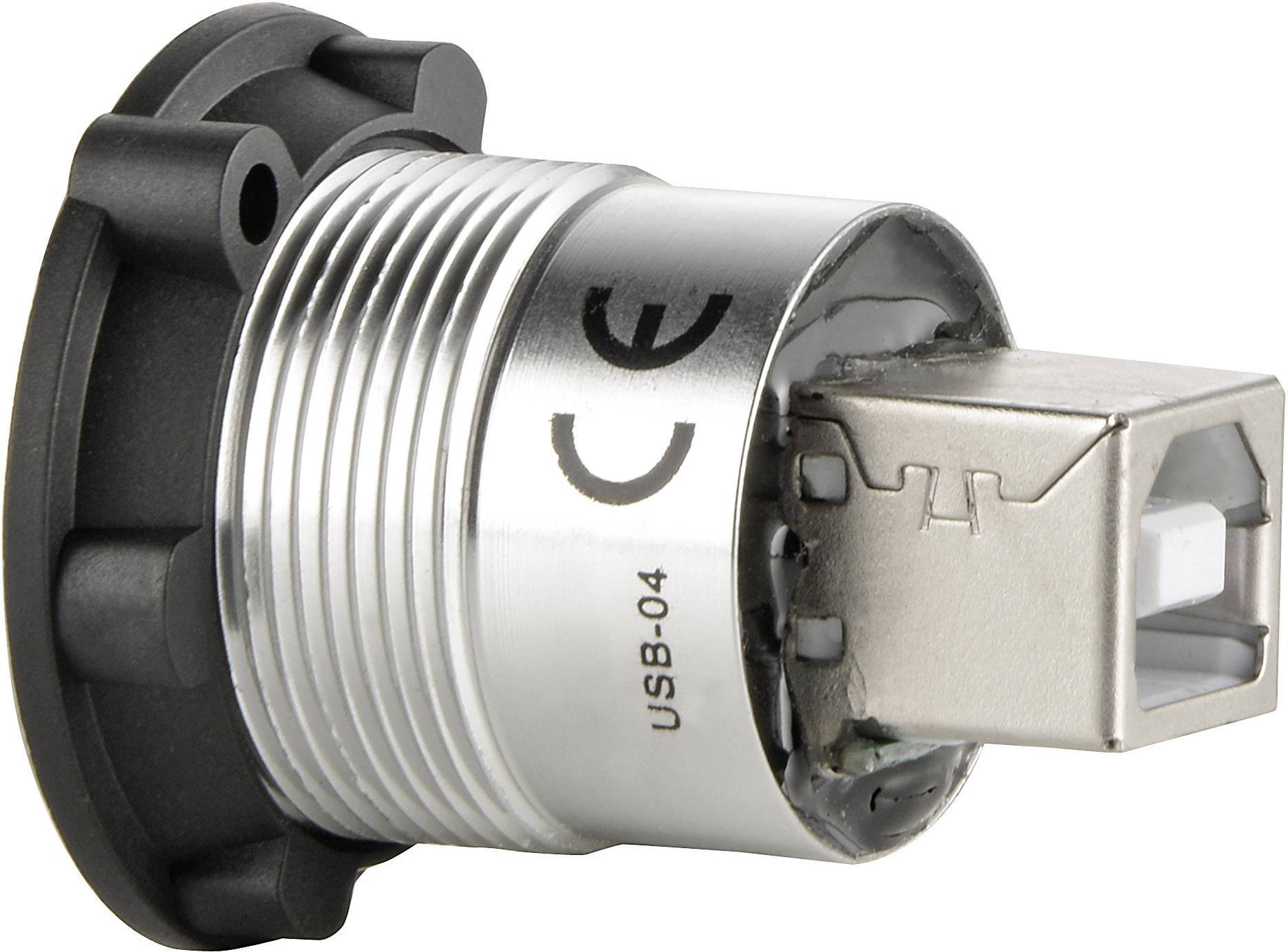 Złącze wtykowe z oznakowaniem CE i oznaczeniem 'USB-04'. Metalowa obudowa zewnętrzna.