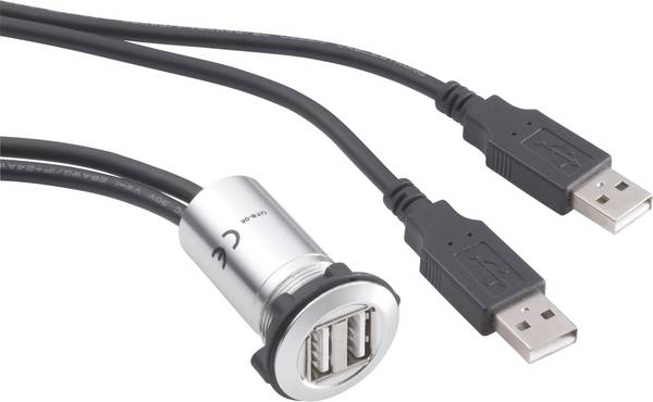 <br> TRU COMPONENTS<br> USB-06<br> Podwójne gniazdo USB do zabudowy<br> złącze żeńskie do wbudowania<br> 2 x Złącze żeńskie USB typu A na 2 x Złącze męskie USB typu A z kablem o długości 60 cm<br> Zawartość: 1 szt.<br>