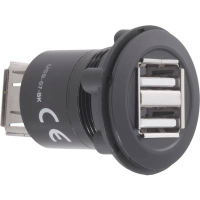 Czarny adapter USB z dwoma portami USB, odpowiedni do montażu w obudowach urządzeń. Oznaczenia na boku wskazują certyfikację CE.
