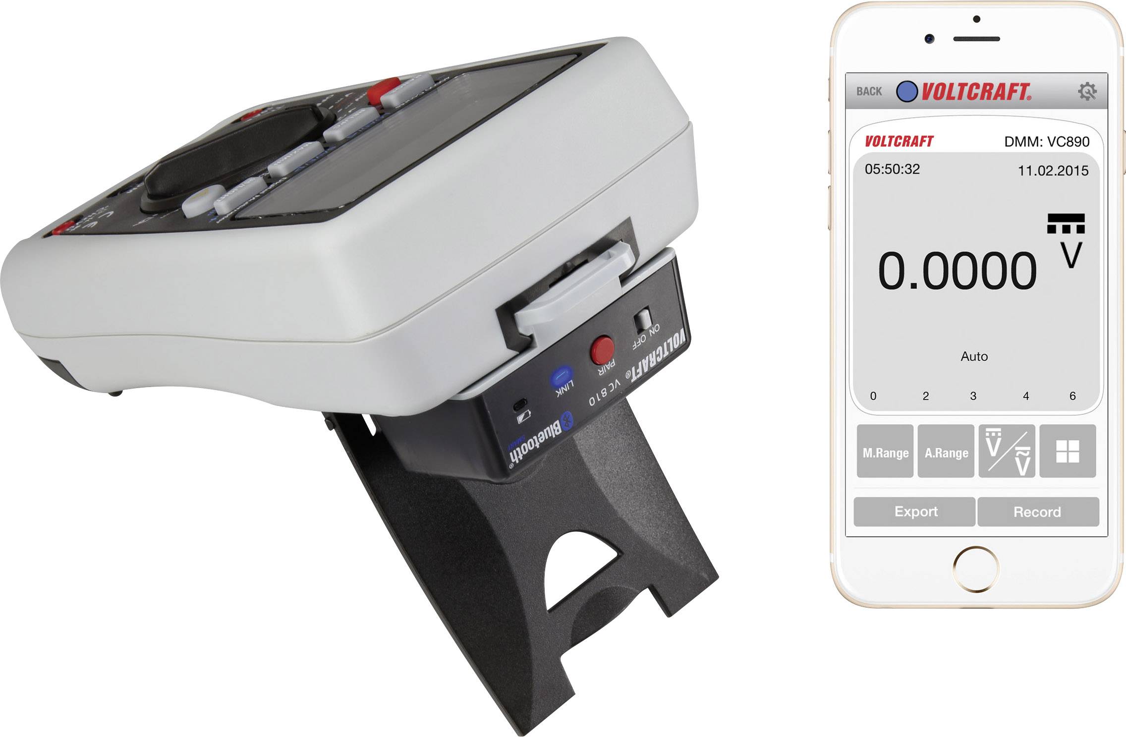 Cyfrowy multimetr ze stojakiem, sfotografowany pod skosem z boku. Obok smartfon z otwartą aplikacją Voltcraft, wyświetlający napięcie 0,0000 V.