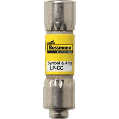 Bezpiecznik z żółtą etykietą, z napisem 'Cooper Bussmann Low-Peak Fuses Symbol & Amp LP-CC'.