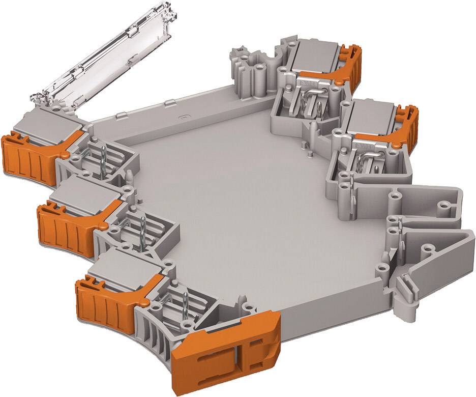 Elektroniczna obudowa w odcieniach szarości z pomarańczowymi akcentami, częściowo otwarta, wyposażona w kilka zacisków przyłączeniowych.