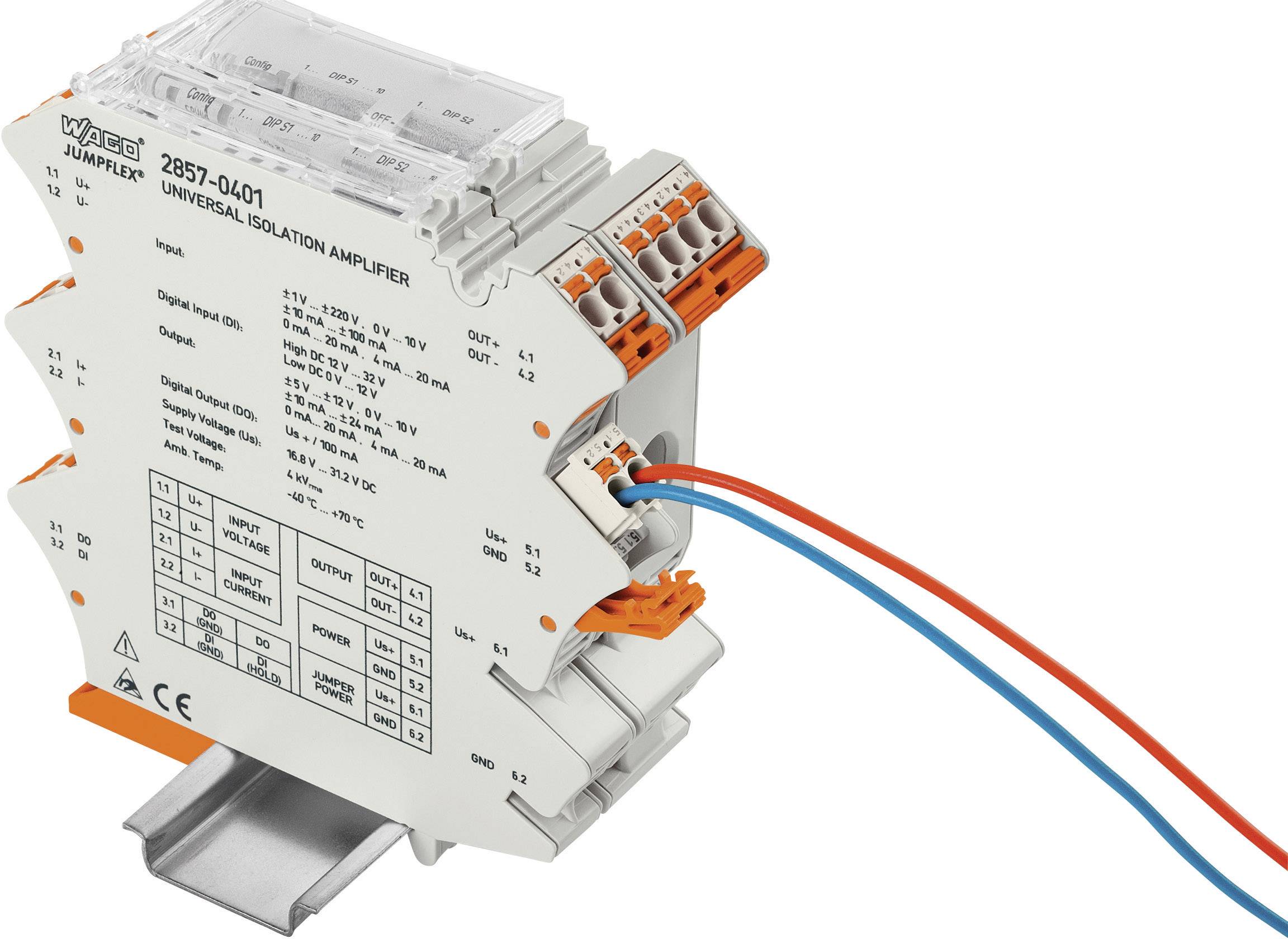 Wzmacniacz izolacyjny, numer modelu 2857-0L01, do transmisji sygnału. Przedstawia specyfikacje wejściowe i wyjściowe. Podłączony do przewodów.