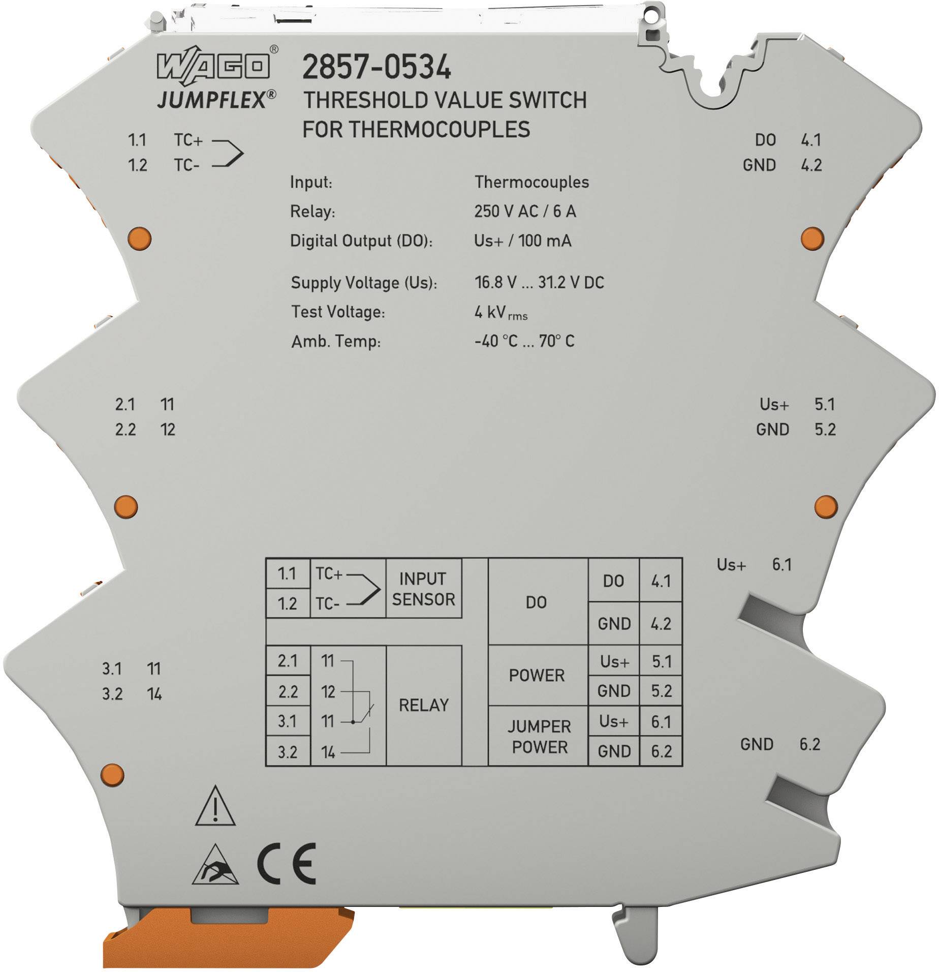 'WAGO JUMPFLEX 2857-0534' Ogranicznik wartości granicznych dla termopar, z zasilaniem prądowo-napięciowym, przejrzyste schematy podłączeniowe.