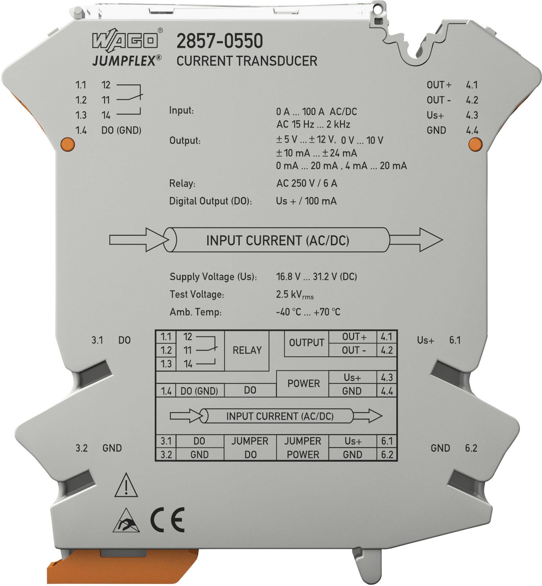 Przetwornik prądowy WAGO JUMPFLEX, model 2857-0550. Przedstawia zakres wejściowy, wyjście, napięcie zasilania oraz specyfikację elektryczną.