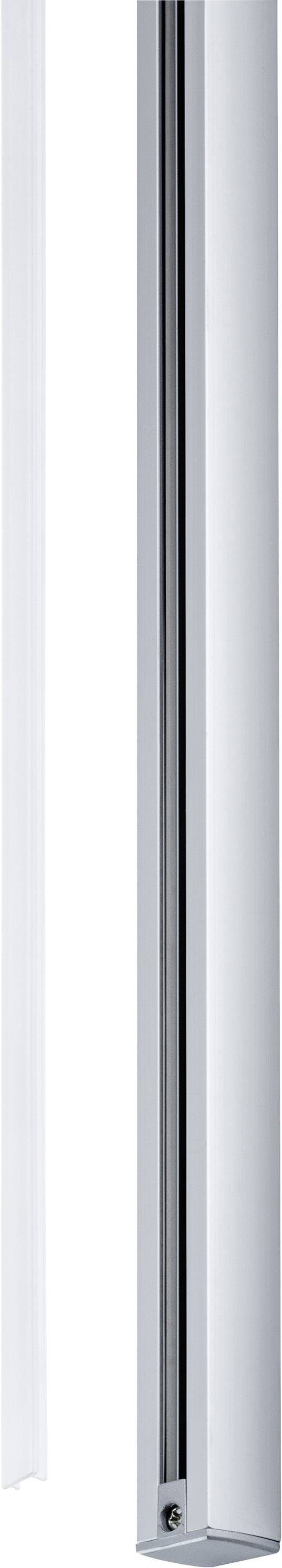 Srebrny, pionowy pas aluminiowy z rowkiem z boku. Możliwy element systemu przesuwnego lub osłony.