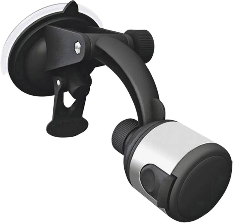 Czarno-srebrny uchwyt samochodowy na smartfona z przyssawką, regulowany do pewnego mocowania na gładkich powierzchniach.