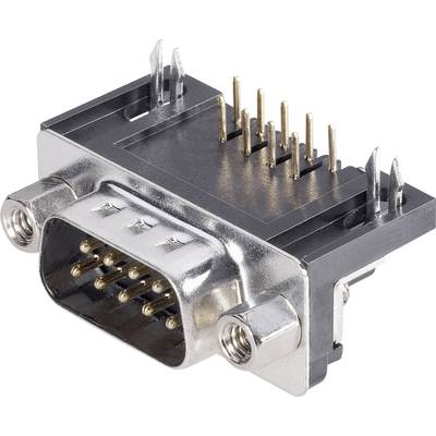 Zbliżenie metalowego złącza D-Sub z dziewięcioma stykami, typowo stosowanego w połączeniach szeregowych w urządzeniach elektronicznych.