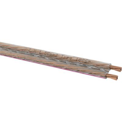 Przezroczysty, skręcany kabel miedziany z oznaczeniem '2 x 2,5 mm²'. Odpowiedni do podłączeń głośnikowych.