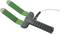 Czujnik wilgotności gleby z dwoma zielonymi bolcami metalowymi i czarną rękojeścią, połączony białym przewodem do pomiaru wilgotności podłoża.