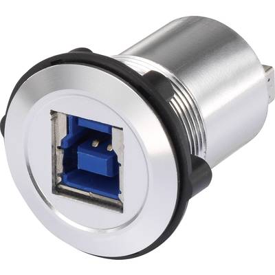 Metalowy złącz USB o prostokątnym otworze, odpowiedni do montażu w urządzeniach.