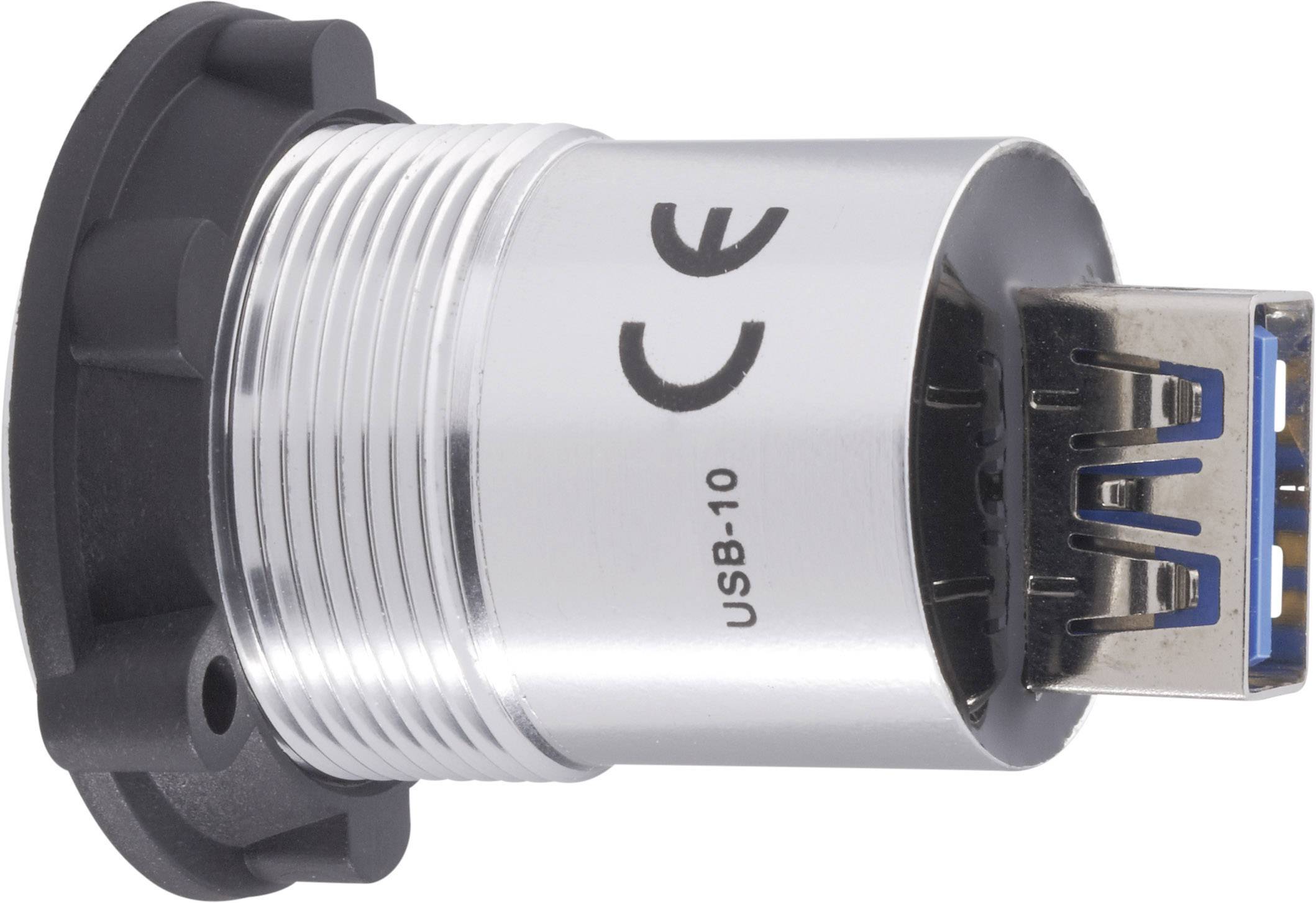 Srebrne złącze USB 10 z oznaczeniem CE na czarnym uchwycie; widok z przodu otworu wtykowego.