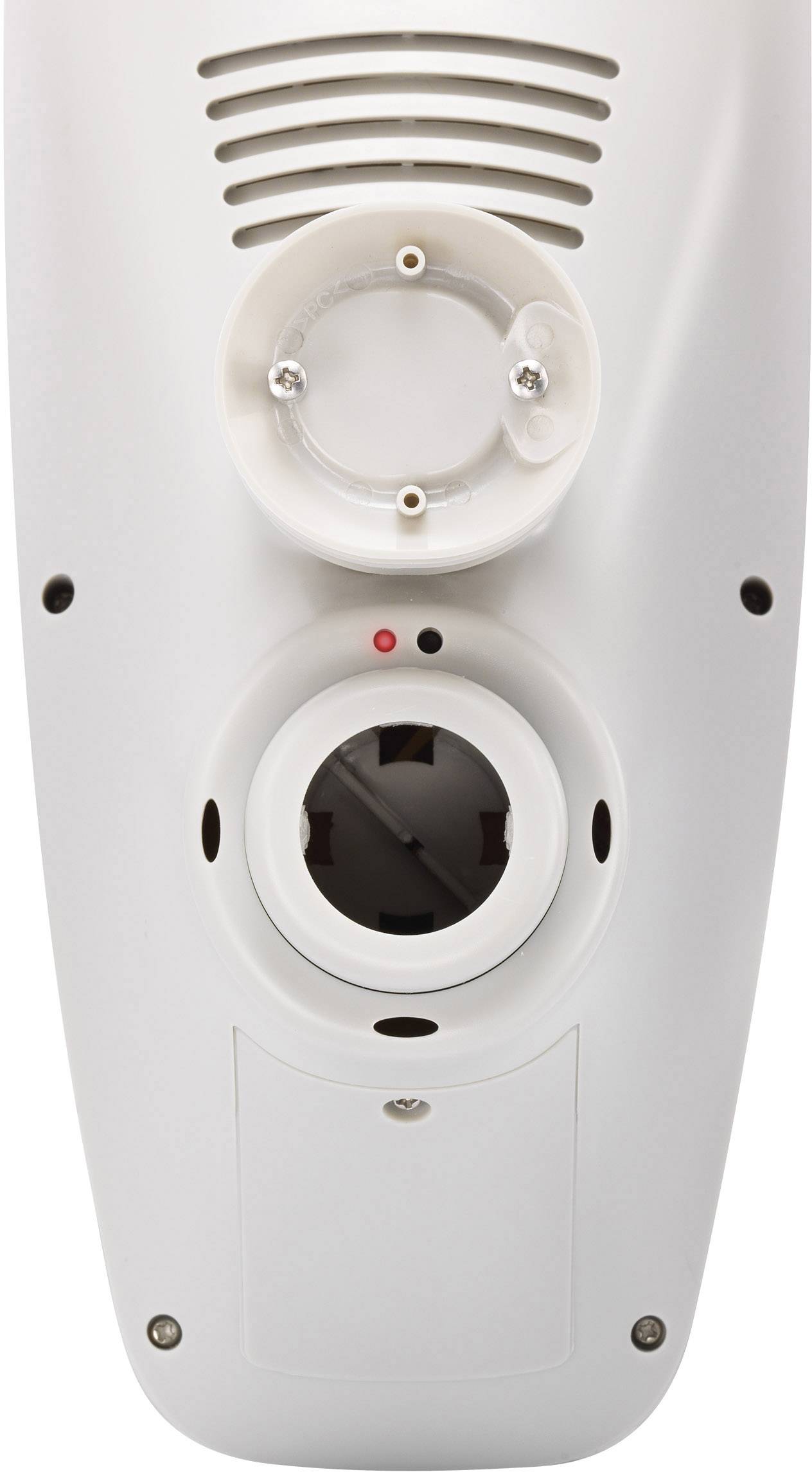 Urządzenie elektryczne z otworami wentylacyjnymi, uchwytem i okrągłym złączem. Na górze znajduje się małe czerwone światełko.