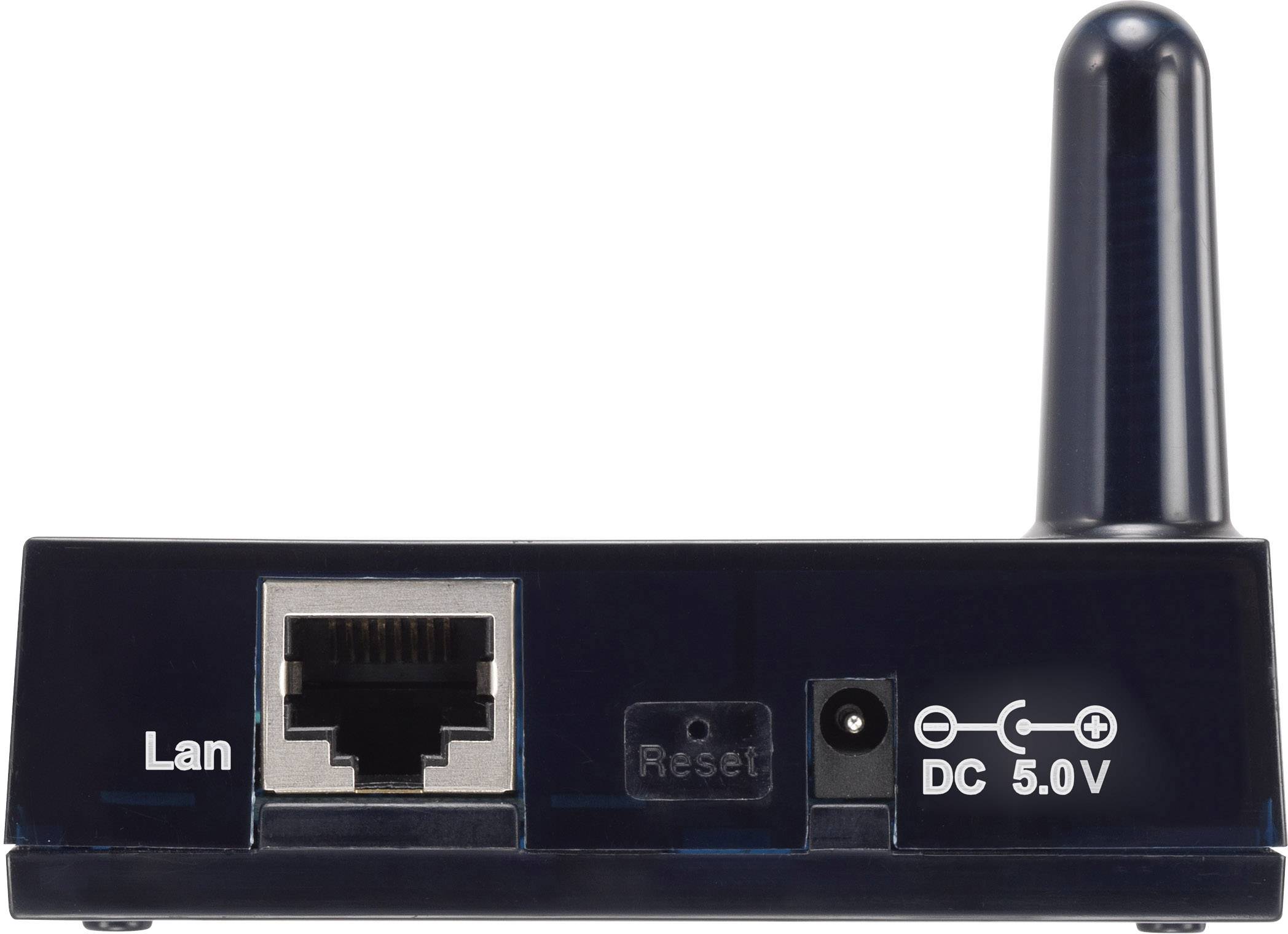 Mały czarny sprzęt z gniazdem kablowym, przyciskiem resetowania i wejściem zasilania prądem stałym. Z góry wystaje antena.