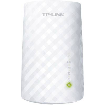 Biały wzmacniacz sygnału Wi-Fi marki TP-Link z dwoma pasmami: 5G i 2,4G, sygnalizowany przez diody LED na przedniej części urządzenia.