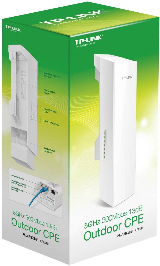 Opakowanie TP-Link 5GHz Outdoor CPE. Prezentuje zdjęcie produktu oraz szczegóły techniczne, w tym 300 Mb/s i 13 dBi zysku antenowego.