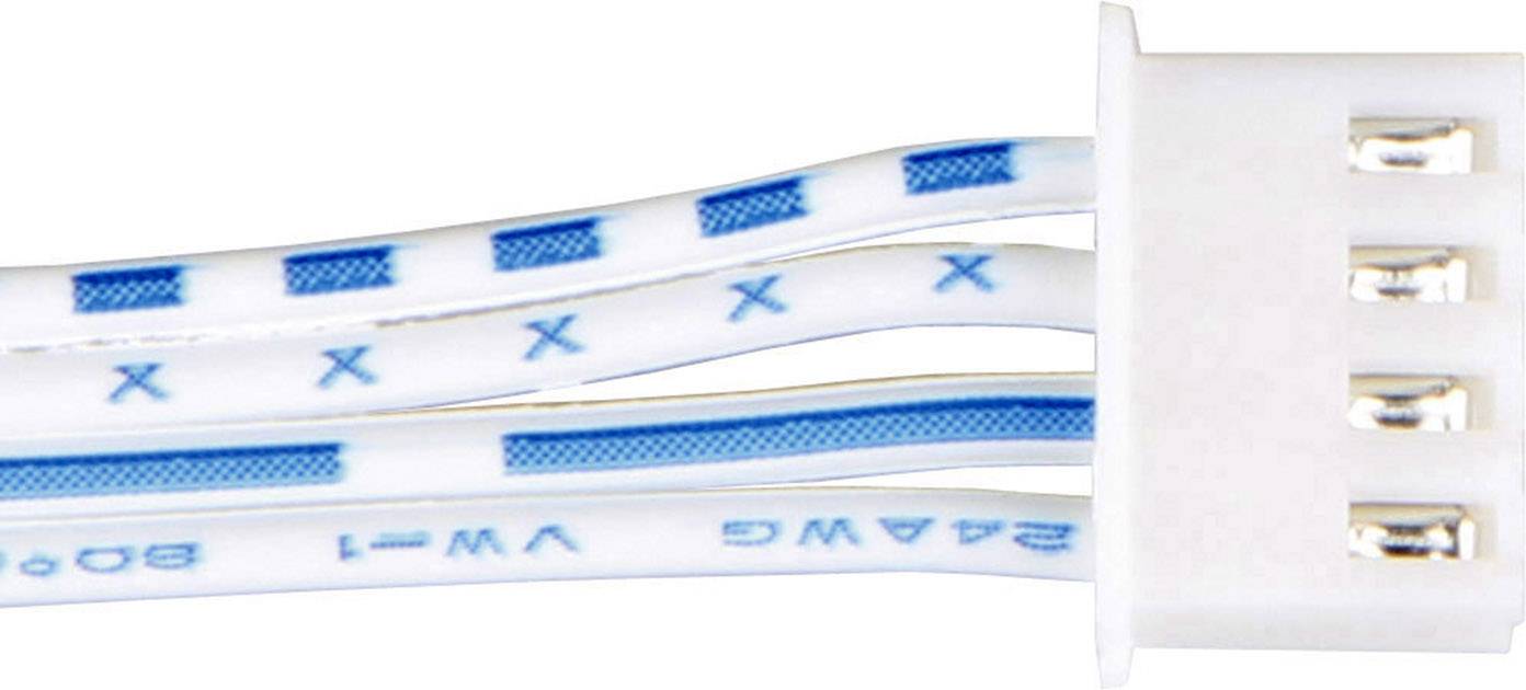 Wielożyłowy przewód połączeniowy z białą wtyczką i niebieskim oznakowaniem przewodów, stosowany typowo w połączeniach elektronicznych.