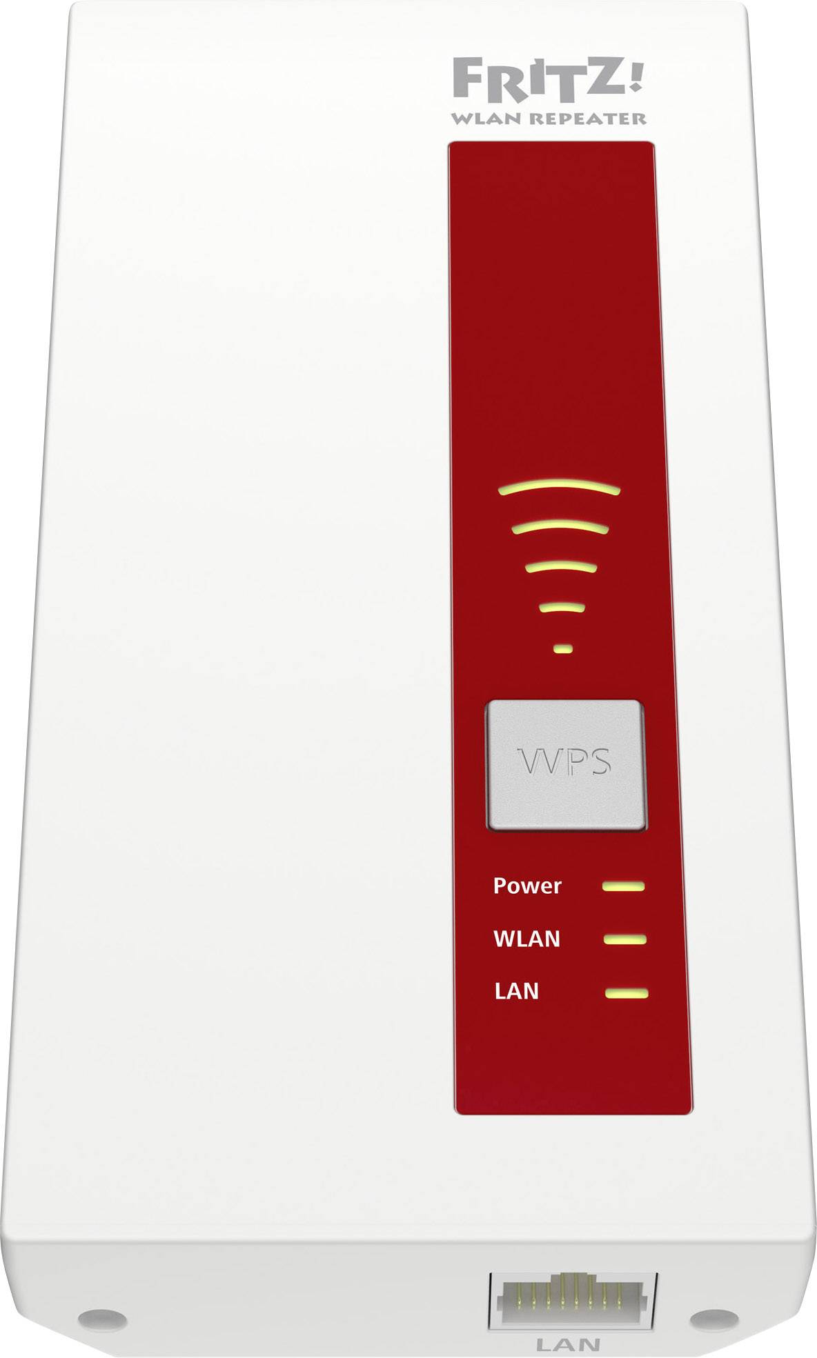 Repeater Wi-Fi z czerwonym frontem, logo marki na górze, poniżej przycisk WPS. Wskaźniki LED dla zasilania, sieci Wi-Fi i sieci LAN. Port LAN na dole.