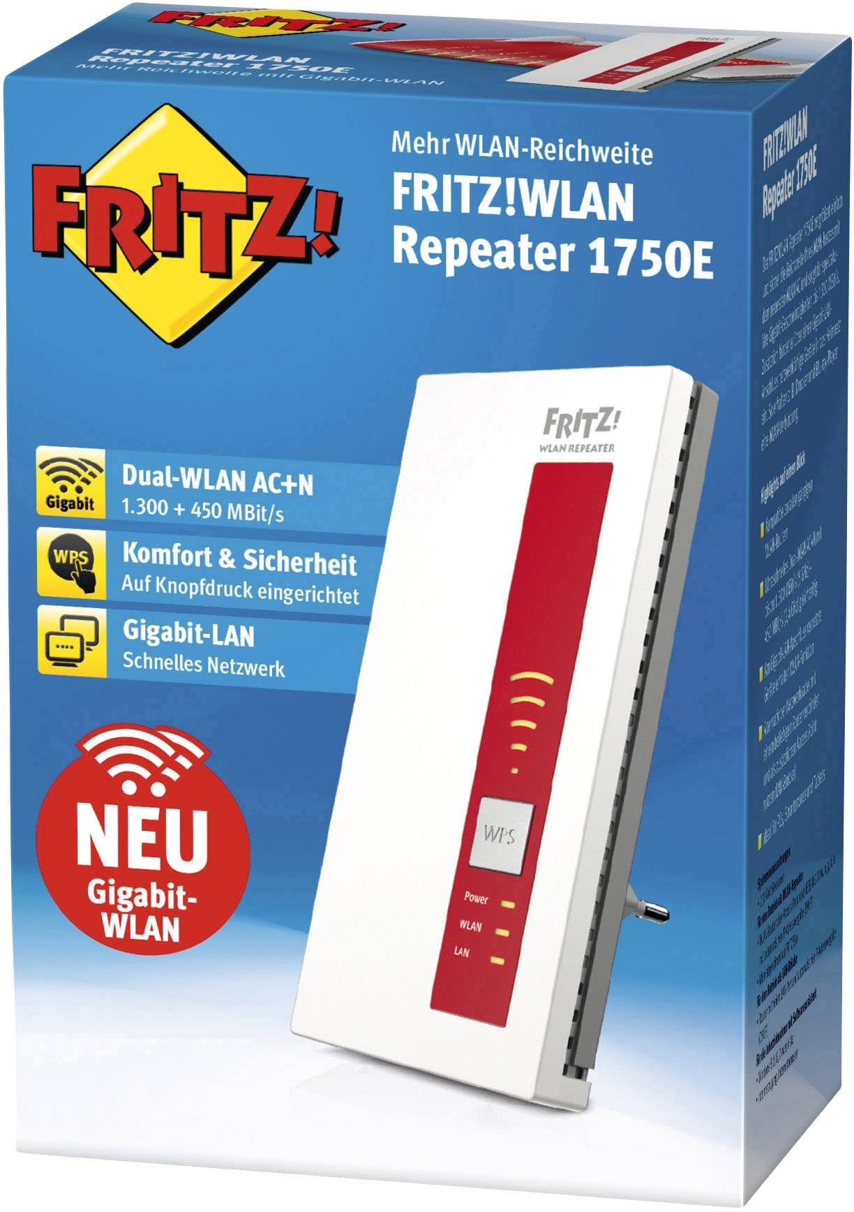 Opakowanie 'FRITZ! WLAN Repeater 1750E' prezentuje funkcje takie jak Dual-WLAN, komfort i bezpieczeństwo, Gigabit-LAN oraz większy zasięg sieci Wi-Fi.