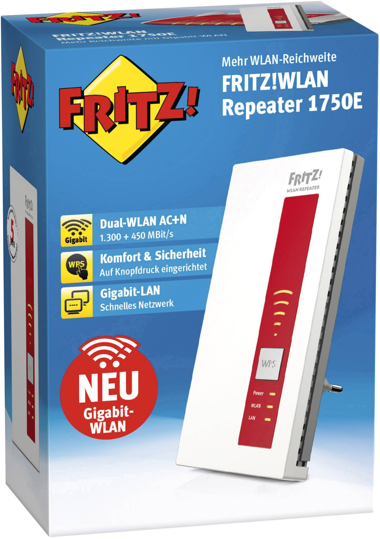 Opakowanie 'FRITZ!WLAN Repeater 1750E' z informacjami 'Większy zasięg Wi-Fi' i 'Gigabitowy Wi-Fi'; prezentuje ilustrację repeatera i kluczowe funkcje.