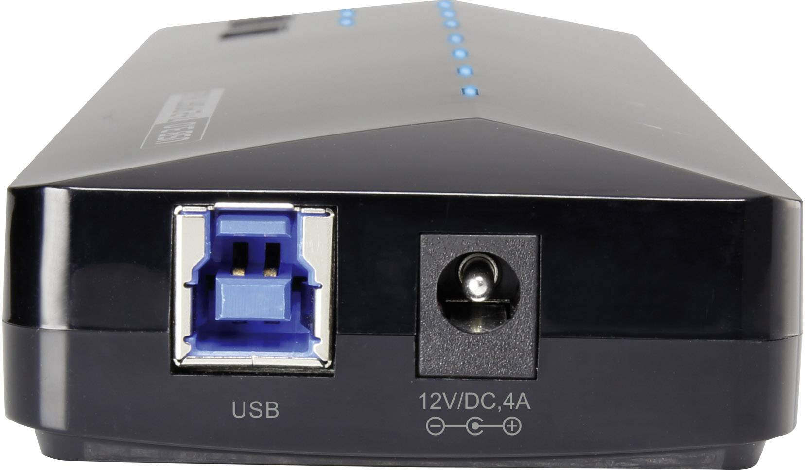 Czarny router widziany od tyłu, ukazujący niebieski port USB 3.0 oraz złącze zasilania z oznaczeniem '12V/DC, 4A'.
