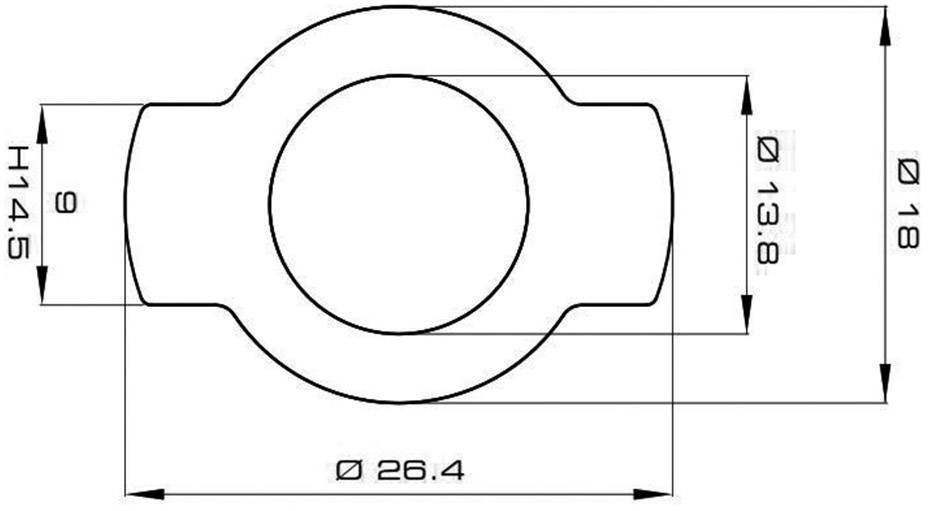 Rysunek techniczny płaskiej, okrągłej części z bocznymi zakładkami. Średnica: 26,4 mm, wysokość zakładek: 14,5 mm.