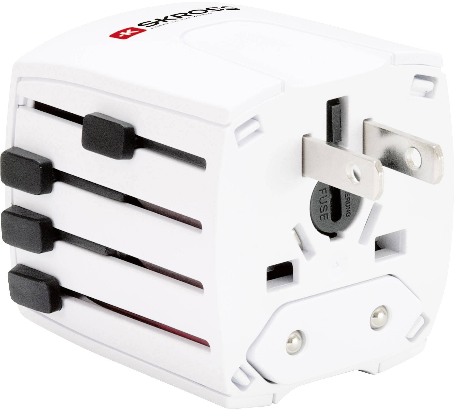 Biały, wielofunkcyjny adapter podróżny z wieloma typami wtyczek i wbudowanym symbolem bezpiecznika, odpowiedni do podróży międzynarodowych.
