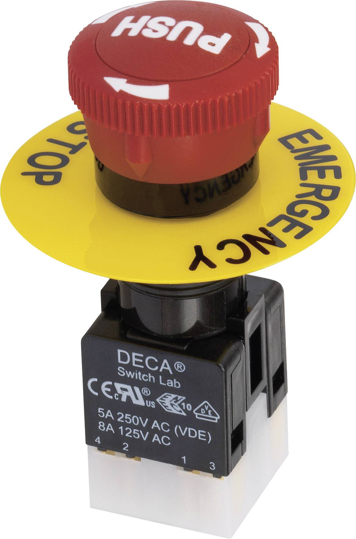 Czerwony przycisk awaryjnego zatrzymania z napisem 'PUSH', otoczony żółtym pierścieniem z napisem 'EMERGENCY STOP'.