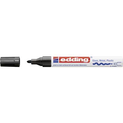 Czarny marker permanentny z odkręconą nakrętką, odpowiedni do szkła, metalu i plastiku. Czubek skierowany w prawo.