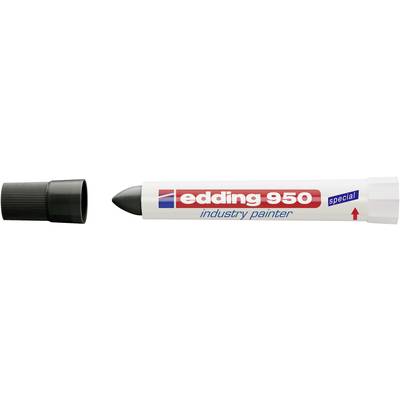 Mały, okrągły marker z czarną nakładką i czarną końcówką, 'edding 950 industry painter' w kolorze czerwonym i niebieskim na białej obudowie.