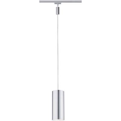 Nowoczesna srebrna lampa wisząca zwiesza się z sufitu, z cylindrycznym kloszem i cienkim przewodem.