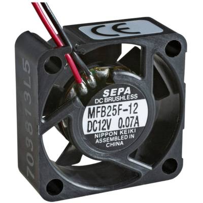 Mały, kwadratowy wentylator z napisem 'SEPA DC BRUSHLESS MFB25F-12 DC12V 0.07A NIPPON KEIKI WYPRODUKOWANY W CHINACH'.